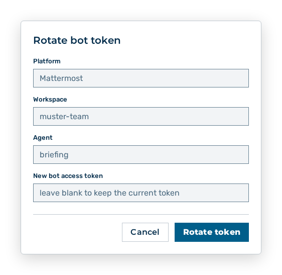Rotate bot token dialog with the New bot access token field