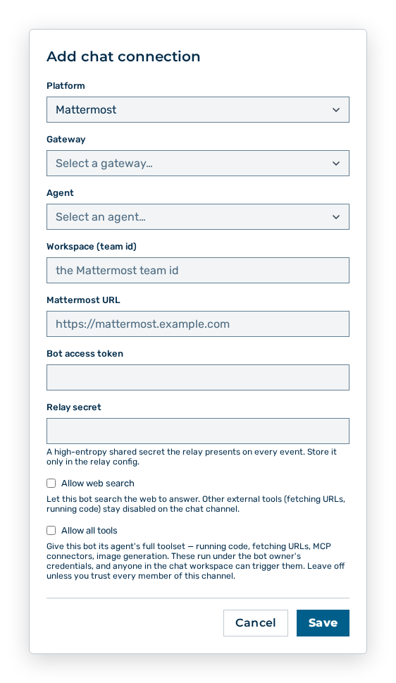 Add chat connection dialog with the fields for platform, gateway, agent, and credentials