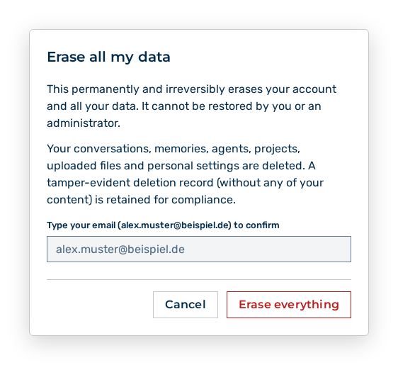 Erase all my data dialog with the text field for the email address and the Cancel and Erase everything buttons