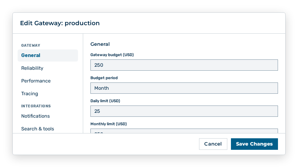 Edit Gateway dialog with the fields for the budget and the rate limit
