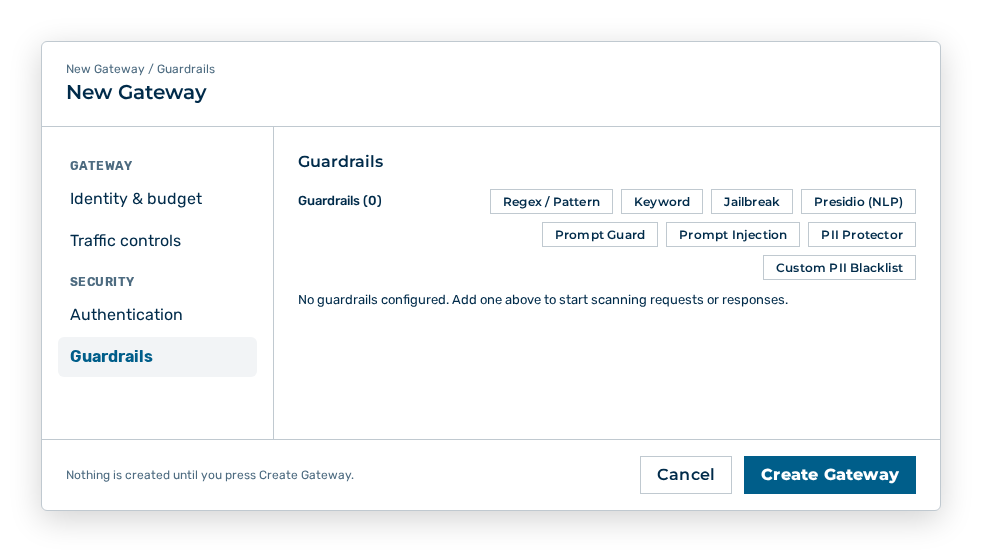 Guardrails section of the New Gateway dialog with the buttons for the detector types