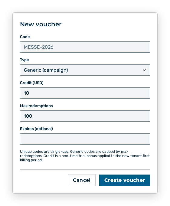 New voucher dialog with the Code, Type, and Credit fields