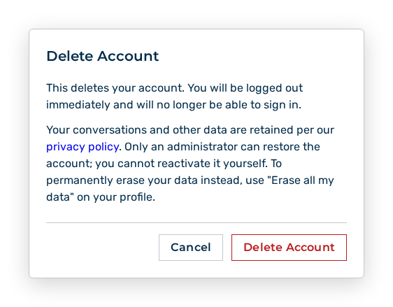 Delete Account dialog with the note about the sign-out and the Cancel and Delete Account buttons