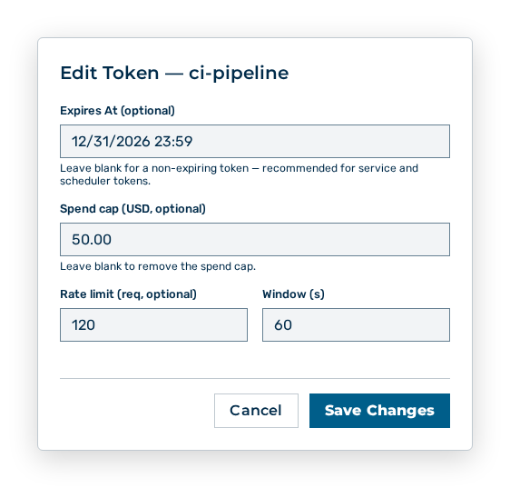 Edit Token dialog with the Expires At, Spend cap, and Rate limit fields
