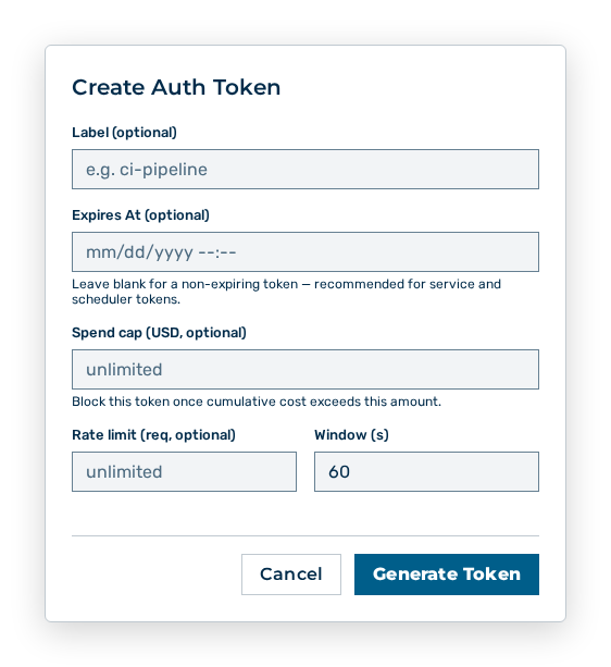 Create Auth Token dialog with the Label, Expires At, Spend cap, and Rate limit fields