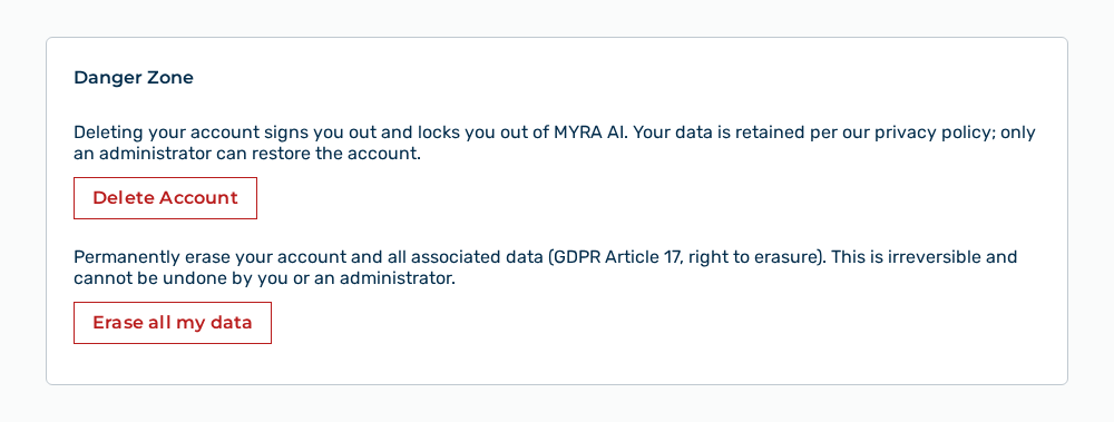 Danger zone section with the Delete account and the Erase all my data buttons