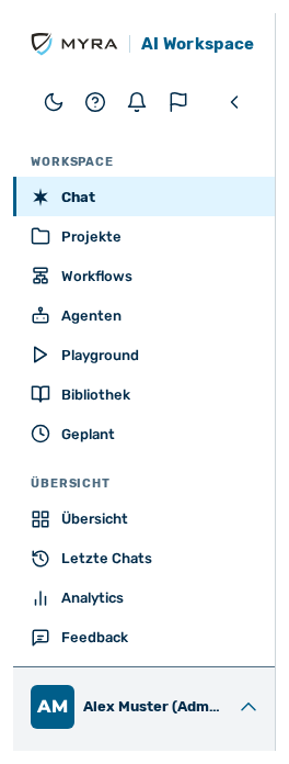 Navigationsleiste mit den Einträgen Chat, Projekte, Workflows, Agenten, Playground, Bibliothek, Geplant, Übersicht, Letzte Chats, Analytics und Feedback