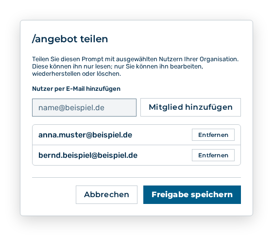 Dialog zum Teilen des Befehls mit dem Eingabefeld und der Liste der Nutzer