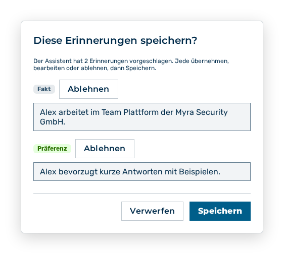 Dialog Diese Erinnerungen speichern mit den Vorschlägen und den Schaltflächen Verwerfen und Speichern