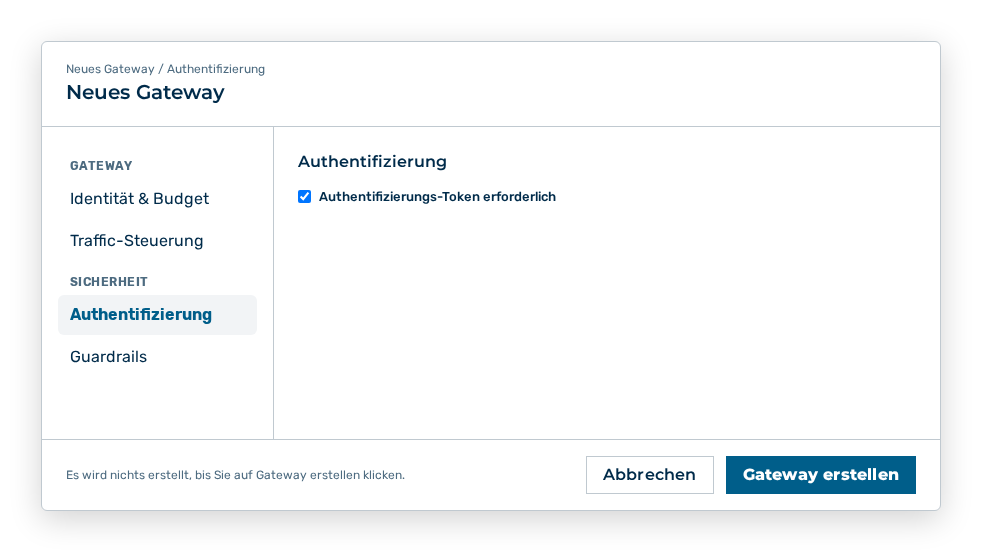 Abschnitt Authentifizierung des Dialogs Neues Gateway mit dem Kontrollkästchen Authentifizierungs-Token erforderlich