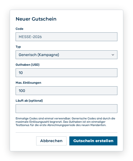 Dialog Neuer Gutschein mit den Eingabefeldern Code, Typ, Guthaben und Max. Einlösungen