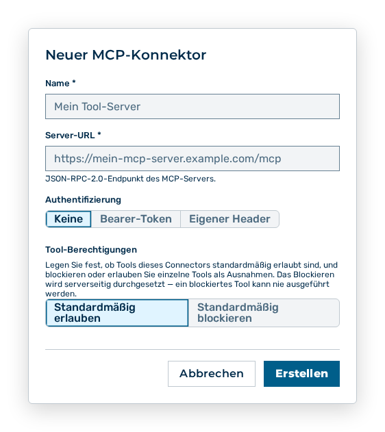 Dialog Neuer MCP-Konnektor mit der Schaltfläche Verbindung testen