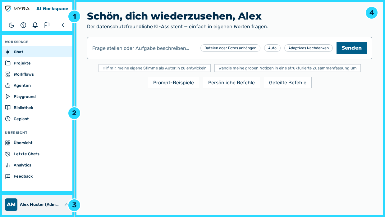 Oberfläche des Myra AI Workspace mit der Navigationsleiste am linken Rand und dem Inhaltsbereich rechts daneben