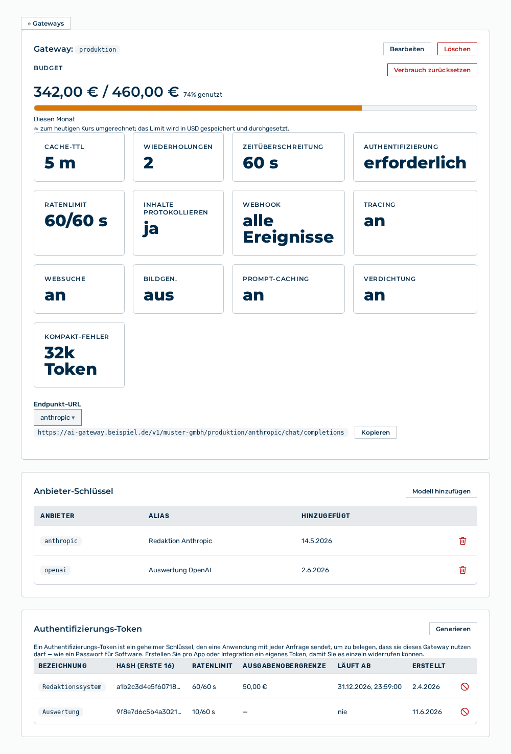 Detailansicht eines Gateways mit den Kennzahlen und den Bereichen
