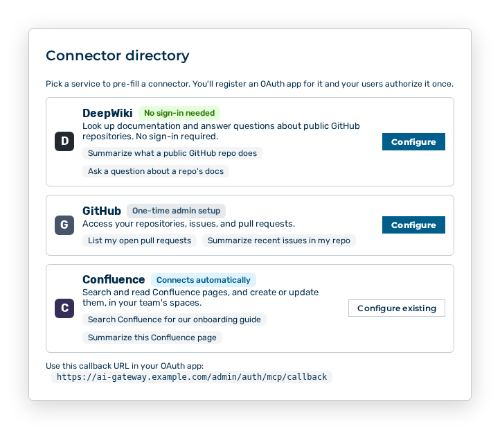 Connector directory dialog with the service areas, the markers, and the callback URL