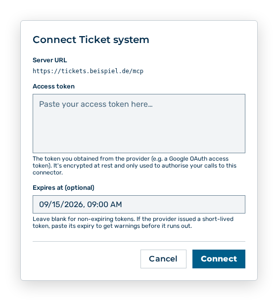 Connect connector dialog with the server URL, the access token, and the expiry date