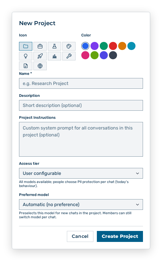 New Project dialog with the Name field