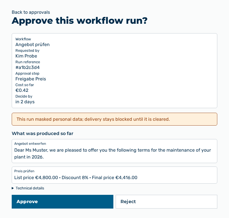 Approve this workflow run? page with the entries of the run and the output produced so far
