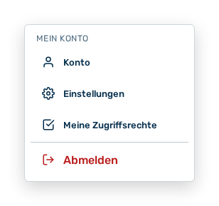 Benutzermenü mit den Rubriken und dem Eintrag Abmelden