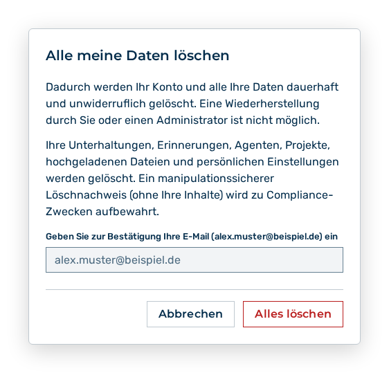 Dialog Alle meine Daten löschen mit dem Eingabefeld für die E-Mail-Adresse und den Schaltflächen Abbrechen und Alles löschen