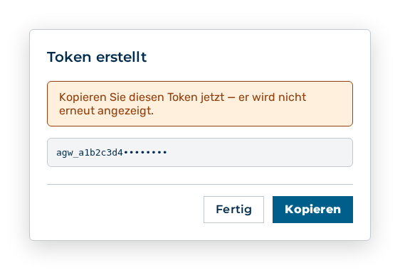 Dialog Token erstellt mit dem einmalig angezeigten Token