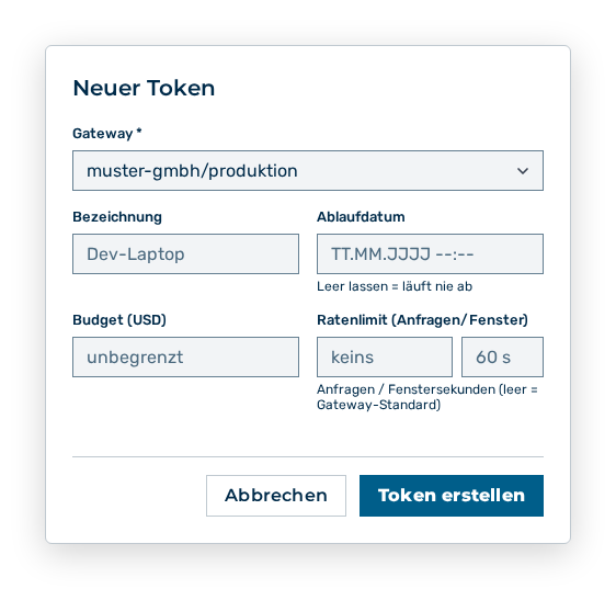 Dialog Neuer Token mit dem Auswahlfeld Gateway und dem Feld Bezeichnung