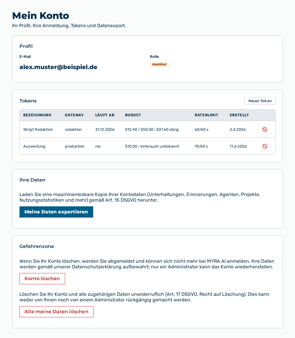 Ansicht Mein Konto mit dem Abschnitt Tokens und der Schaltfläche Neuer Token