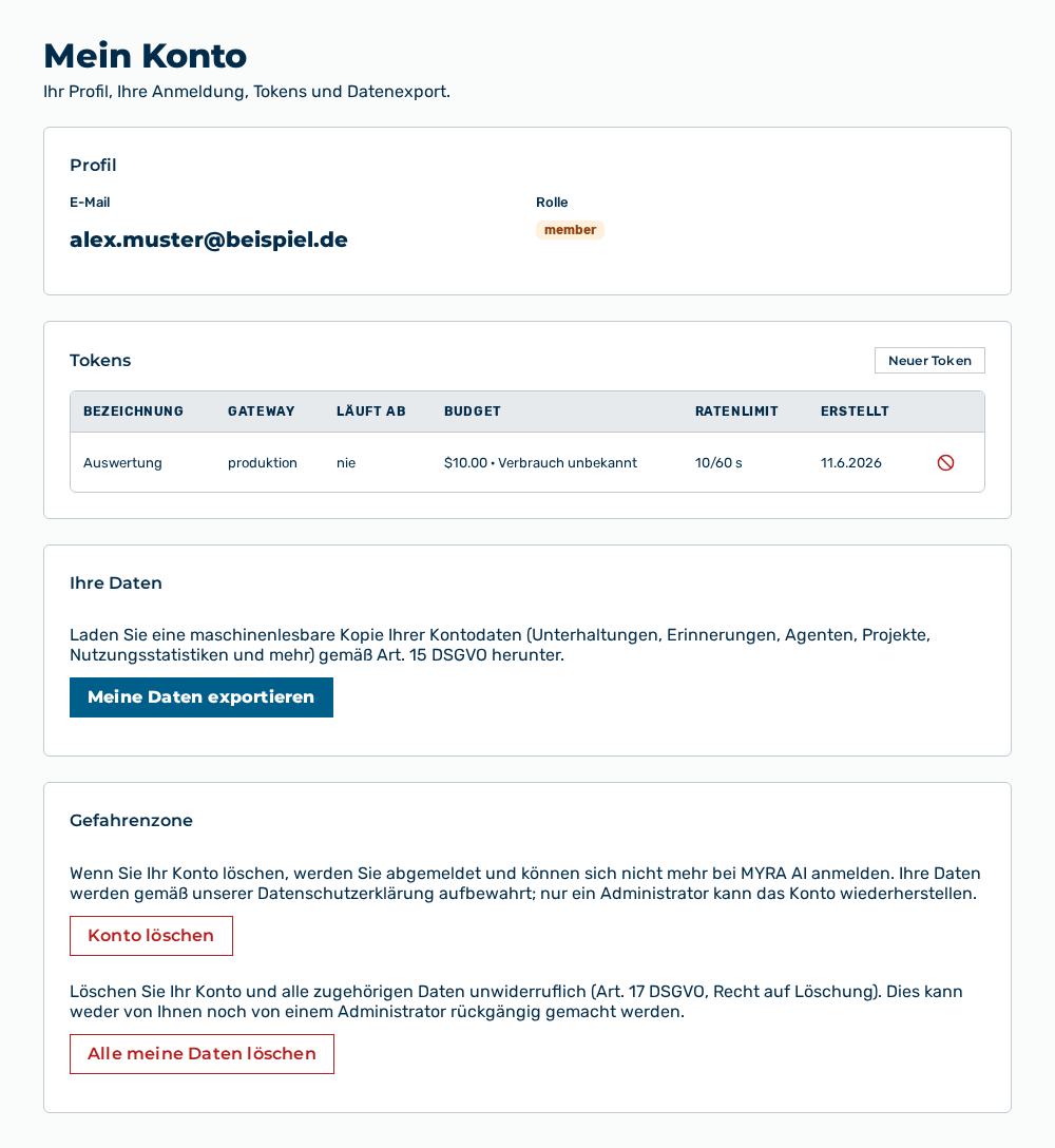 Ansicht Mein Konto ohne den widerrufenen Token