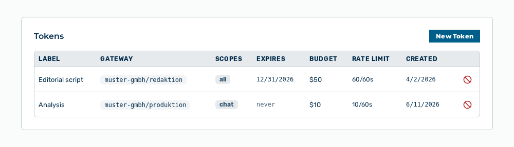 Tokens section with the Name, Gateway, Permissions, Expires, Budget, Rate limit, and Created columns