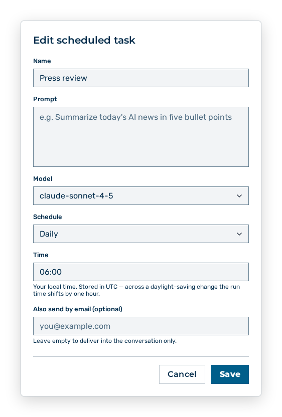 Edit scheduled task dialog with the previous schedule