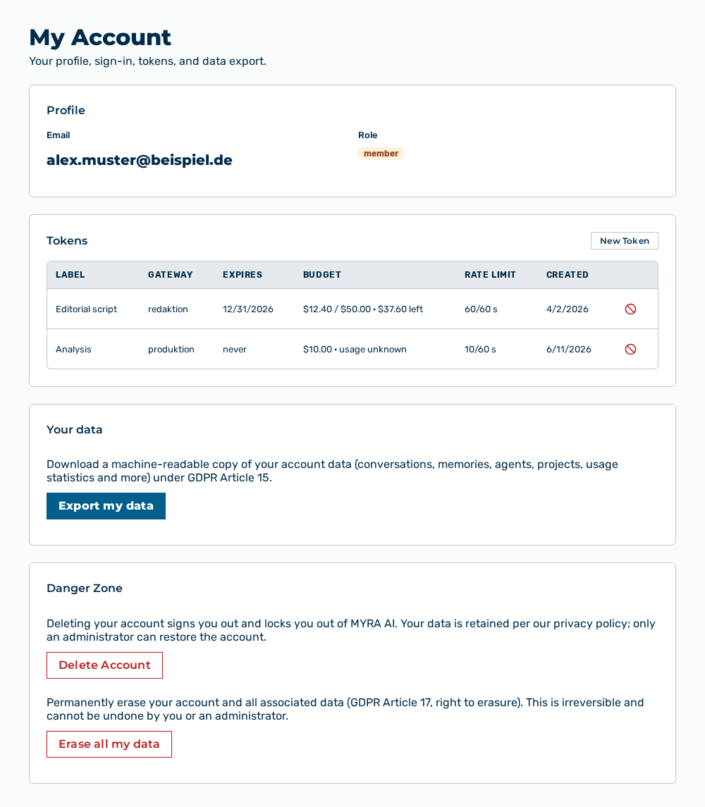My Account view with the Tokens section and the New Token button