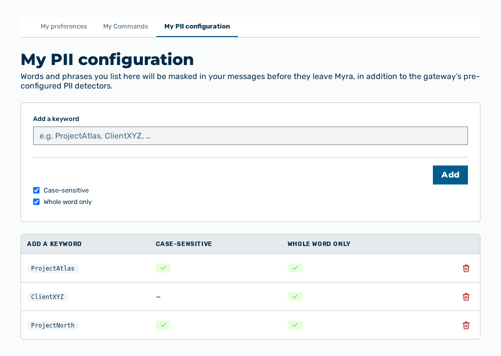 My PII configuration view with the new keyword in the list