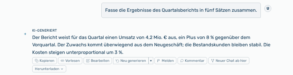 Antwort der KI mit der Kennzeichnung KI-generiert und der Leiste der Nachrichtenaktionen