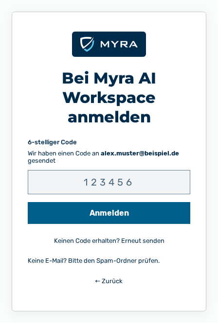 Anmeldung mit dem Eingabefeld 6-stelliger Code und der Schaltfläche Anmelden