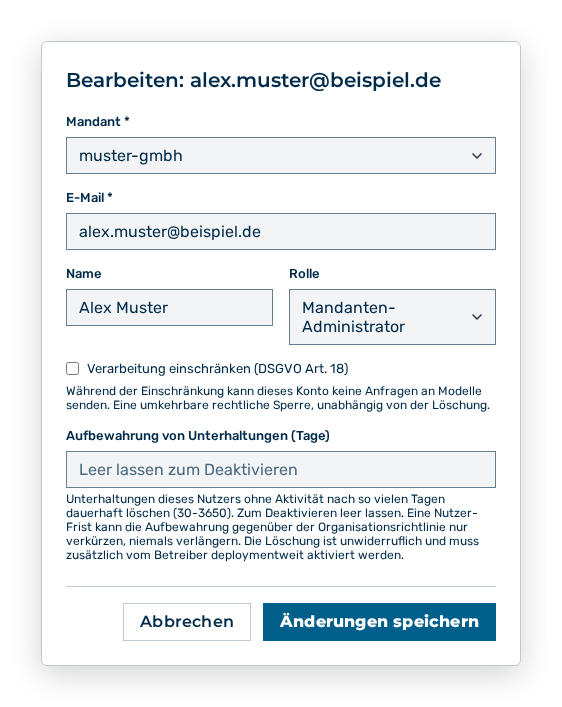 Dialog Bearbeiten mit dem Auswahlfeld Mandant und dem Feld Aufbewahrung von Unterhaltungen