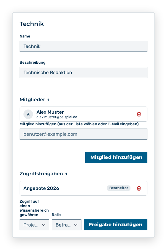 Dialog einer Gruppe mit den Bereichen Mitglieder und Zugriffsfreigaben