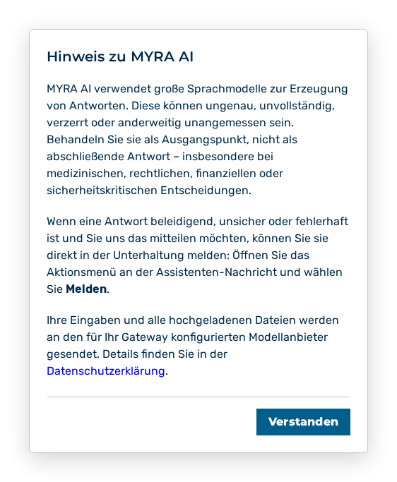 Dialog Hinweis zu MYRA AI mit drei Absätzen und der Schaltfläche Verstanden