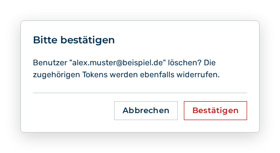 Rückfrage Benutzer löschen mit den Schaltflächen Abbrechen und Löschen