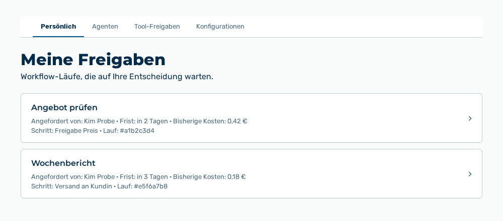 Ansicht Meine Freigaben mit den Reitern Persönlich, Agenten, Tool-Freigaben und Konfigurationen und den wartenden Freigaben