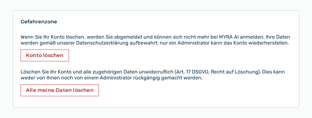 Abschnitt Gefahrenzone mit den Schaltflächen Konto löschen und Alle meine Daten löschen