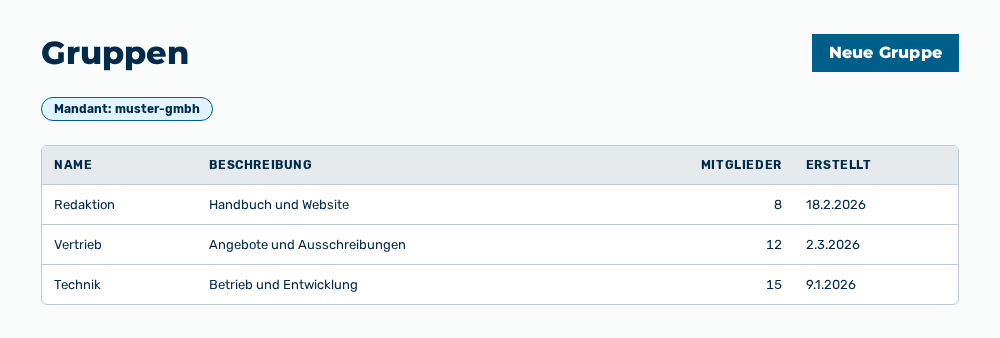 Ansicht Gruppen mit der Schaltfläche Neue Gruppe, der Mandantenwahl und der Liste der Gruppen