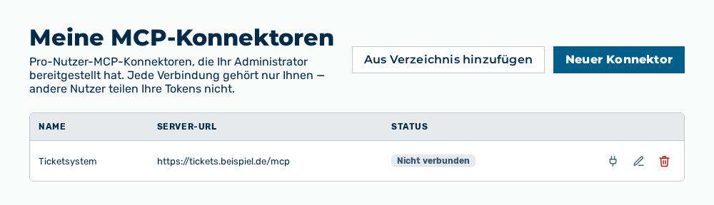 Ansicht Meine MCP-Konnektoren ohne den gelöschten Konnektor